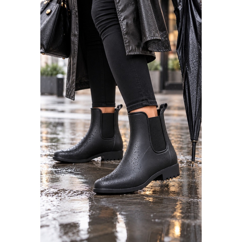 A New Day Chelsea Rain Boots Womens Size 8 Black Waterproof PVC Ankle Boots NEW